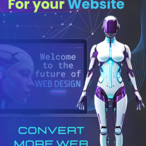 Image of a humanoid robot with a laptop in the background, undergoing AI chatbot training and integration for a WordPress website.