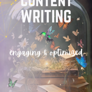 Image featuring a jar filled with books, butterflies, and hummingbirds, with text overlay reading "Content writing: engaging and optimized, Unlock a jar of creativity. Designed by Web-MVP.