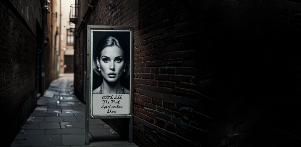 "Come see the most spectacular show!" Poster in an alleyway—perhaps seen by a few, but missing out on its true potential.