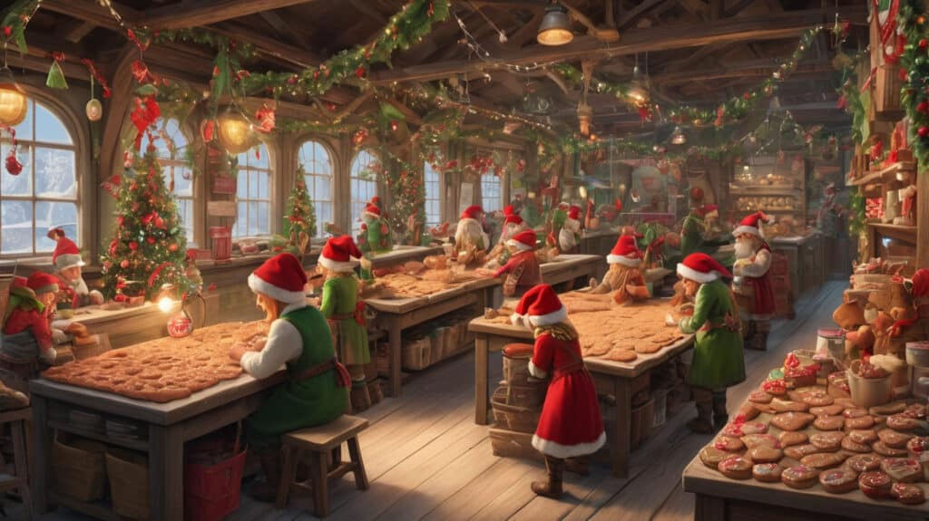 North Pole factory scene with cheerful elves in red and green attire preparing holiday orders surrounded by toys, gingerbread, and decor.